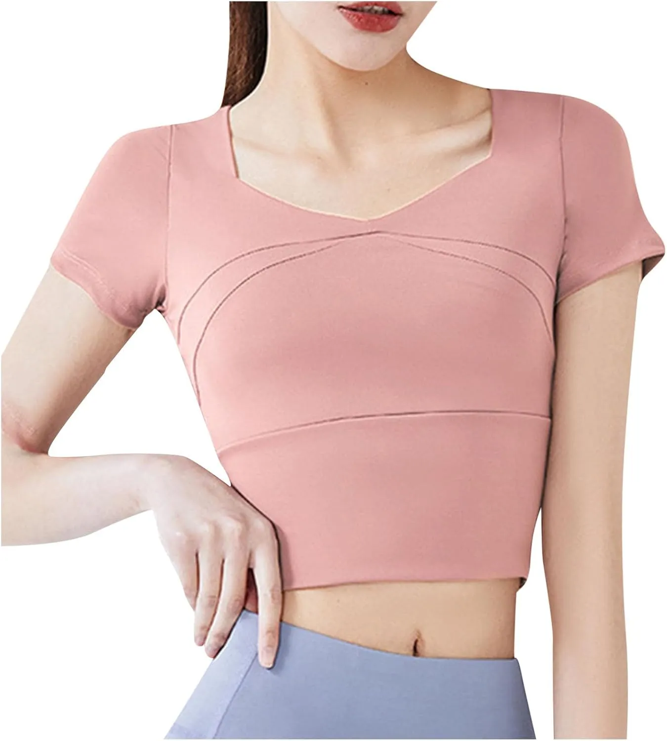 Womens Workout Tops with Built in Bra Summer Crop Short Sleeve Padded Yoga Shirts Quick Drying Fit Running Tshirts