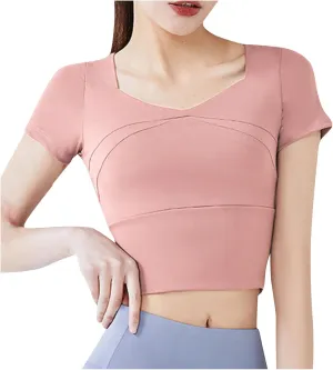 Womens Workout Tops with Built in Bra Summer Crop Short Sleeve Padded Yoga Shirts Quick Drying Fit Running Tshirts