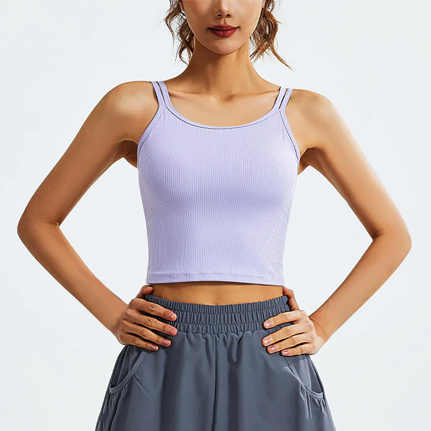 Workout Tank Tops for Women Built in Shelf Bras Padded Spaghetti Strap Crop Top Athletic Spandex Yoga Camisole