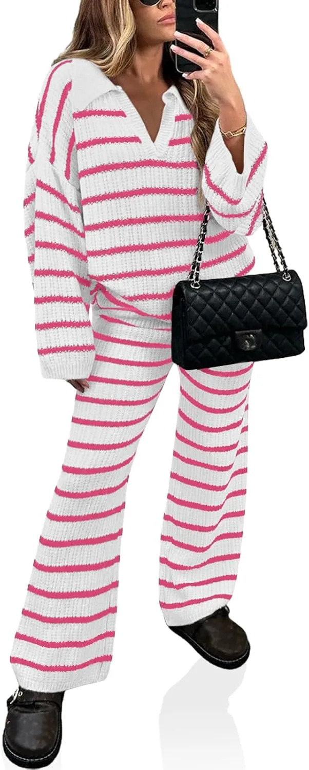 Yousify 2 Piece Sets for Women Long Sleeve V Neck Sweater Lounge Set Striped Fall Outfits 2024 S-2XL