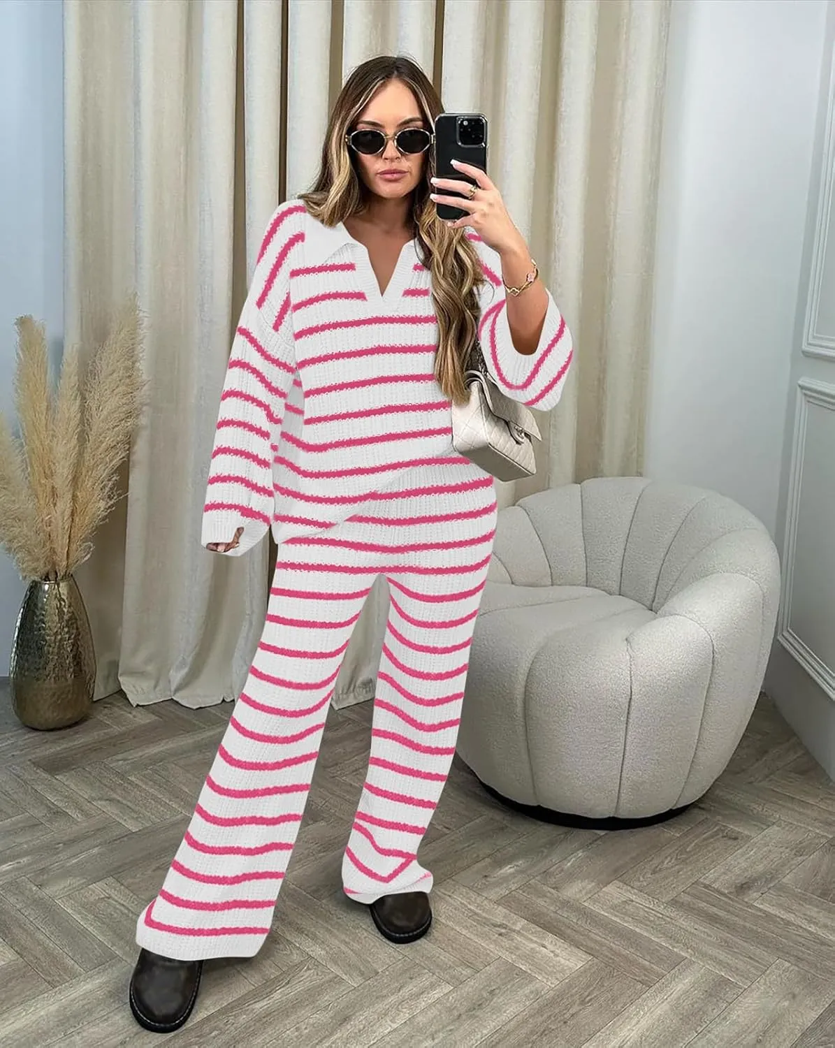 Yousify 2 Piece Sets for Women Long Sleeve V Neck Sweater Lounge Set Striped Fall Outfits 2024 S-2XL