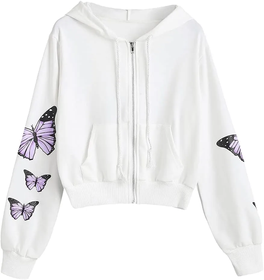 ZAFUL Women's Zip Up Thin Hoodies Long Sleeve Casual Plaid Hoodie Jacket Drop Shoulder Cropped Hooded Sweatshirt