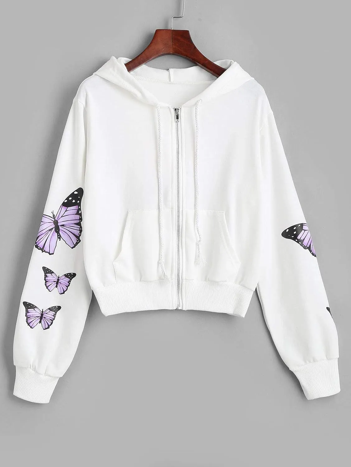 ZAFUL Women's Zip Up Thin Hoodies Long Sleeve Casual Plaid Hoodie Jacket Drop Shoulder Cropped Hooded Sweatshirt