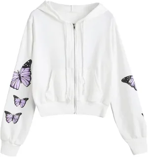 ZAFUL Women's Zip Up Thin Hoodies Long Sleeve Casual Plaid Hoodie Jacket Drop Shoulder Cropped Hooded Sweatshirt