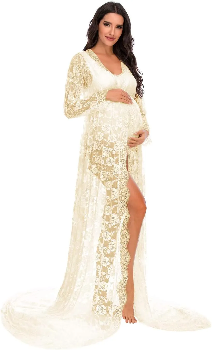 ZIUMUDY Maternity Deep V-Neck Split Front See-Through Maxi Lace Dress for Photography with Long Sleeve