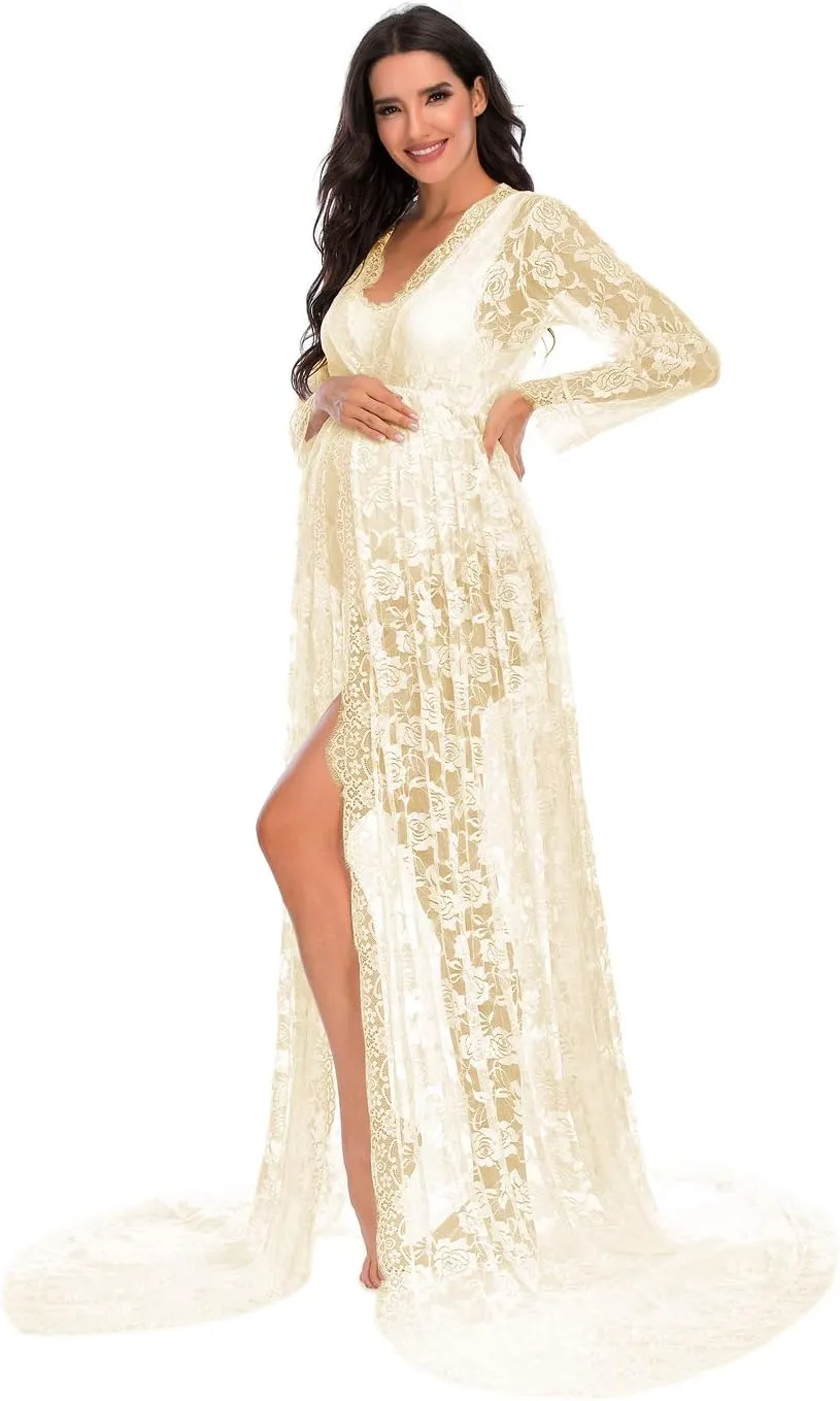 ZIUMUDY Maternity Deep V-Neck Split Front See-Through Maxi Lace Dress for Photography with Long Sleeve