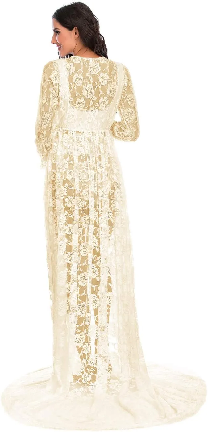 ZIUMUDY Maternity Deep V-Neck Split Front See-Through Maxi Lace Dress for Photography with Long Sleeve