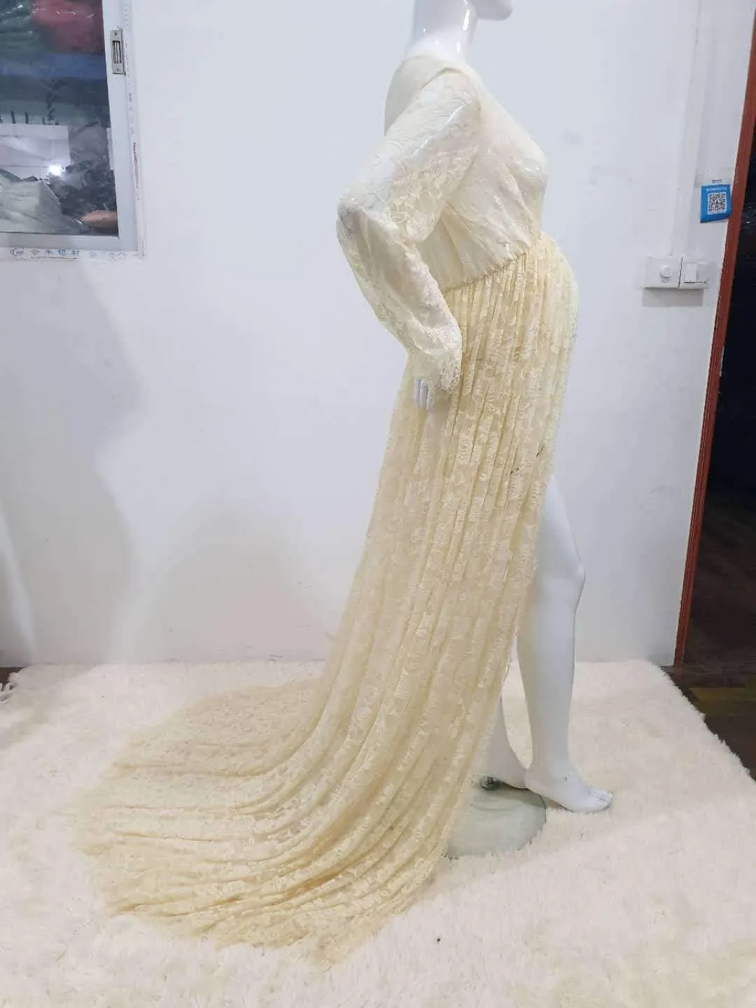 ZIUMUDY Maternity Deep V-Neck Split Front See-Through Maxi Lace Dress for Photography with Long Sleeve