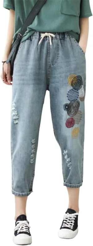 ZOCAVIA Women's Embroidered Cropped Jeans Casual Baggy Elastic Waist Drawstring Harem Jeans Denim Capri Pants Ripped Jean